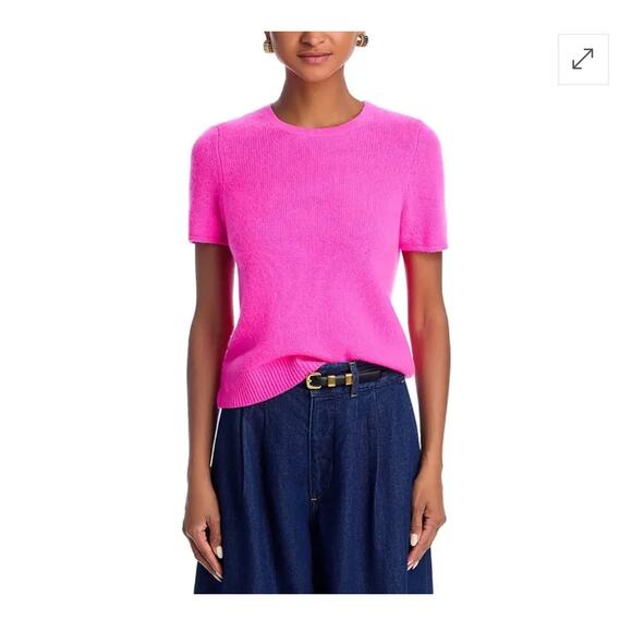 C BY Bloomingdale's 100% 2-Ply Cashmere Short Sleeve Sweater Ultra Pink XL NWT - Picture 1 of 7